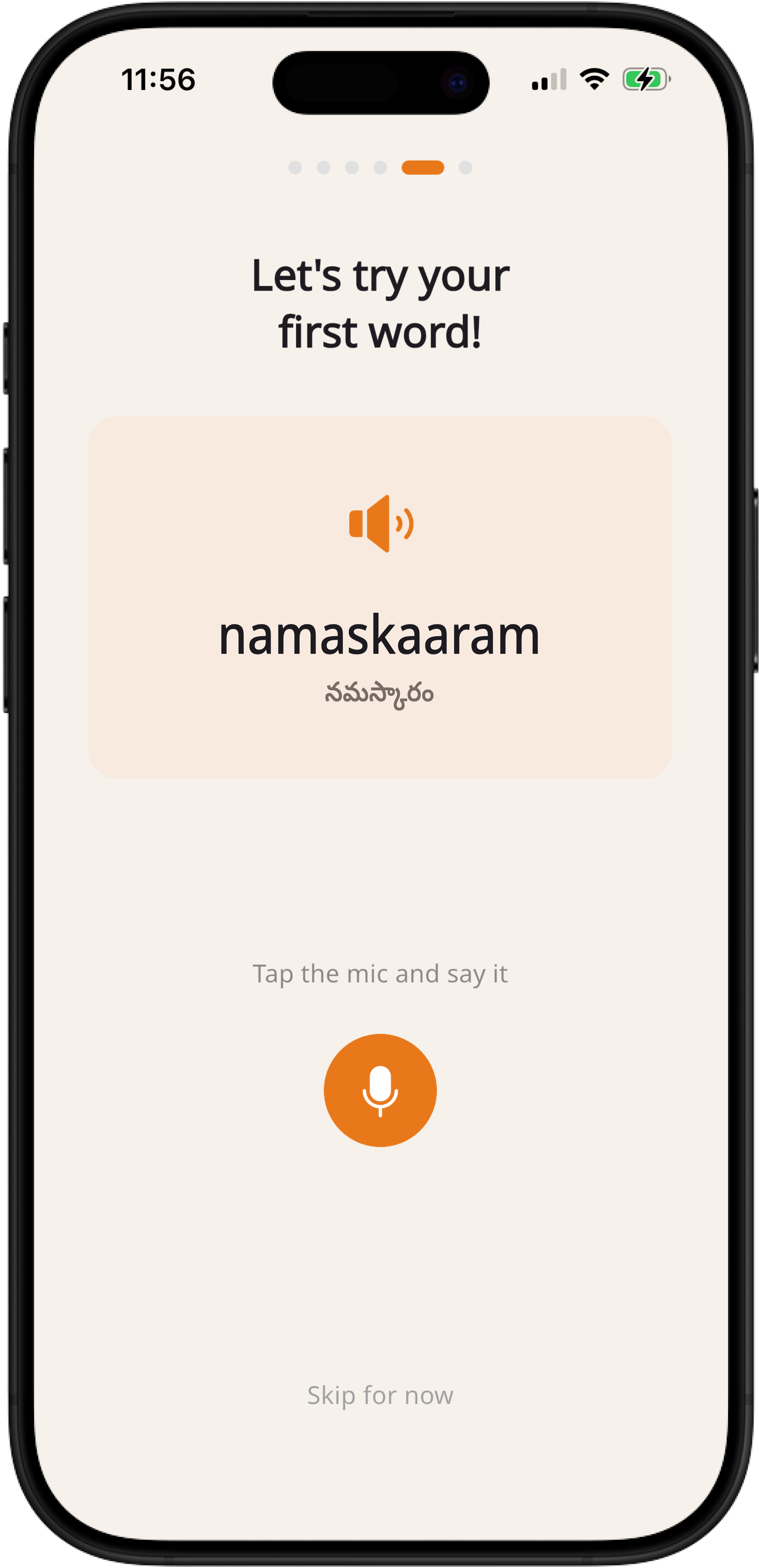 Learn Telugu app showing a spoken Telugu lesson for the word namaskaaram